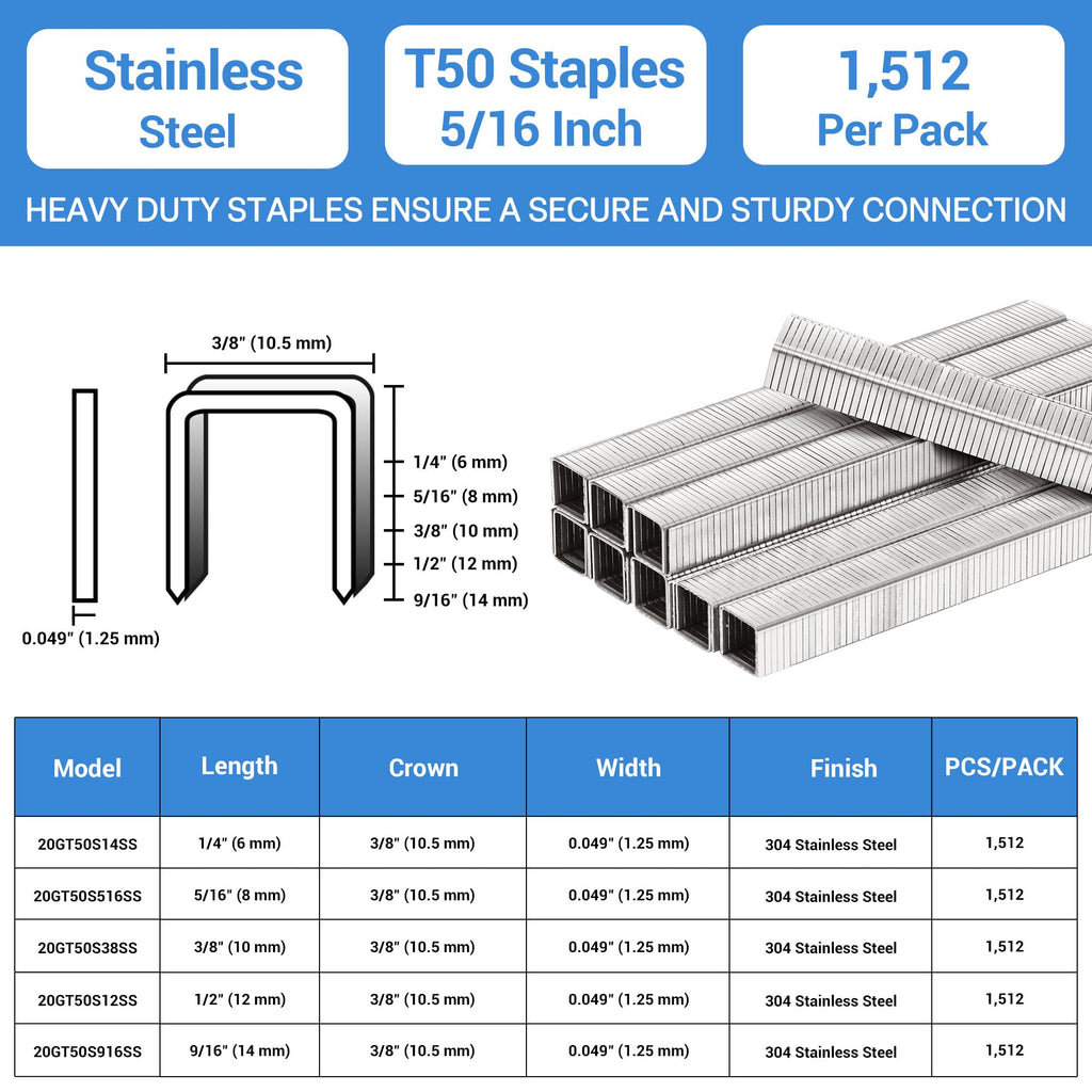 meite T50 Stainless Steel Staples Marine, 5/16 Inch Heavy Duty Staples for Staple Gun - 1512 Counts, 20 Gauge 3/8 Inch Crown T50 Upholstery Staple for Salt Water, Marine Applications