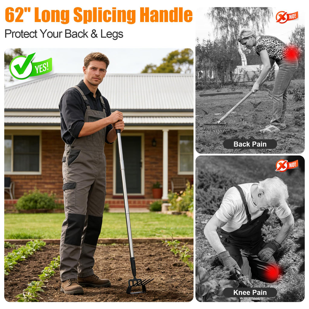 2-in-1 Heavy Duty Garden Hoe with 60" Adjustable Handle, Stirrup Hoe & Cultivator Weeding Rake - Lightweight Gardening Tool for Fast Weed Removal, Cultivating & Loosening Soil, Stainless Steel