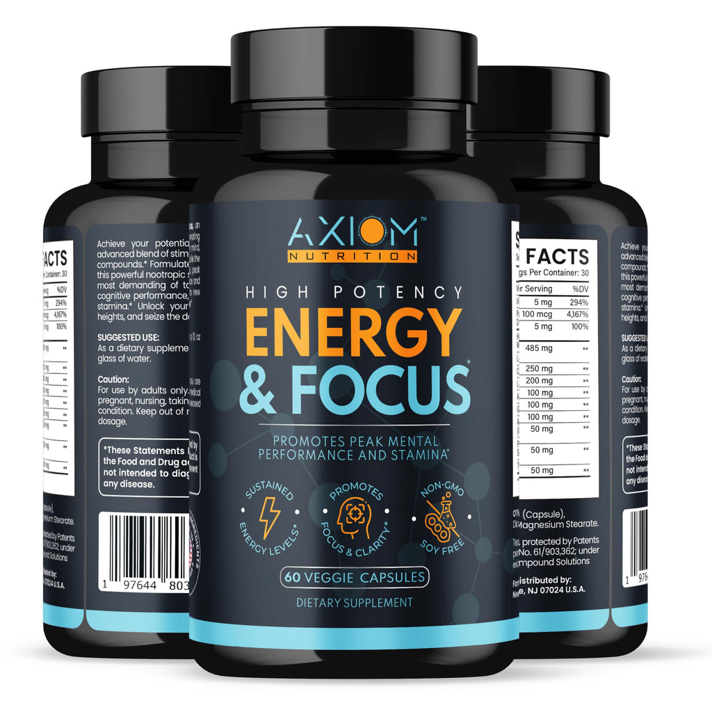 Axiom Nutrition Energy and Focus - Extra Strength 200mg Caffeine and Lions Mane Mushroom Supplement, 60 Capsules - with Alpha GPC, L-Theanine, L-Tyrosine to Support Brain Function and Concentration