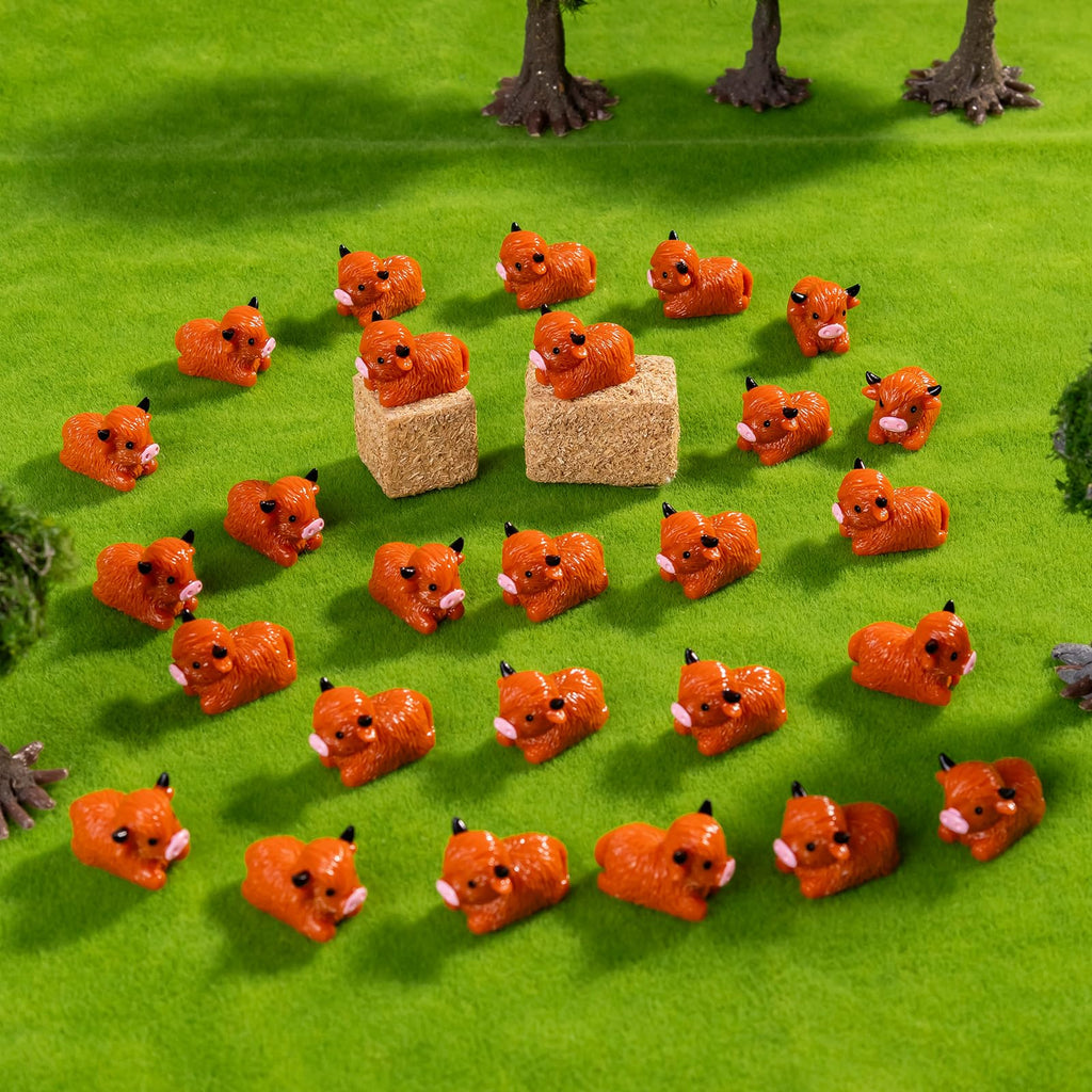 Teenzee 50 Pcs Mini Highland Cow Figurines Bulk Mini Cow Figurines Cake Decorations Cute Miniature Resin Sculpture Ornament Micro Landscape Office Garden Desk Party Tabletop Decor