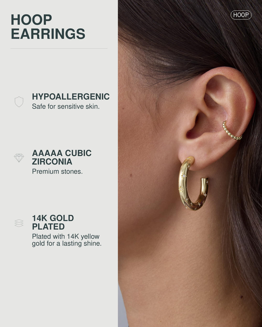 PAVOI CZ Chunky Hoop Earrings for Women, Yellow Gold, Size 30 Millimeters