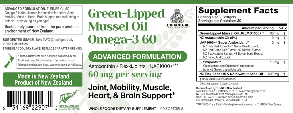 TURNER Omega-3 New Zealand Green Lipped Mussel Oil, 53x Higher Potency with UAF1000+ Super Antioxidant for Superior Joint Comfort & Mobility, No Fishy Aftertaste, 1 Bottle, 60 Softgels