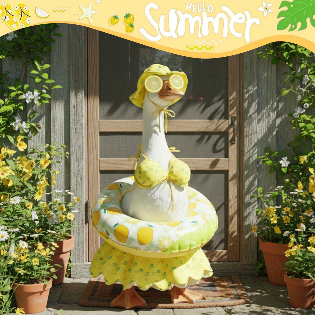 Summer Porch Goose Outfit Set for 23'' Cement Plastic Lawn Goose Statue,Funny Lemon Bikini Clothes with Inflatable Swim Ring, Sun Hat & Glasses, Cute Beach-Themed Decor for Outdoor Yard Statues