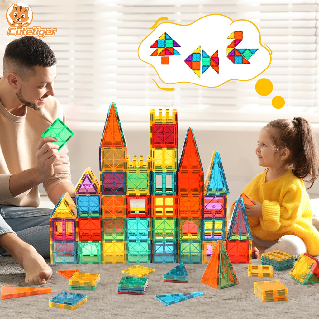 CuteTiger Magnetic Tiles, Magnet Tiles, Magnetic Building Blocks, Square Building Castle, Preschool Toys, STEM Stacking Construction Toys for Boys Girls 3 Years up
