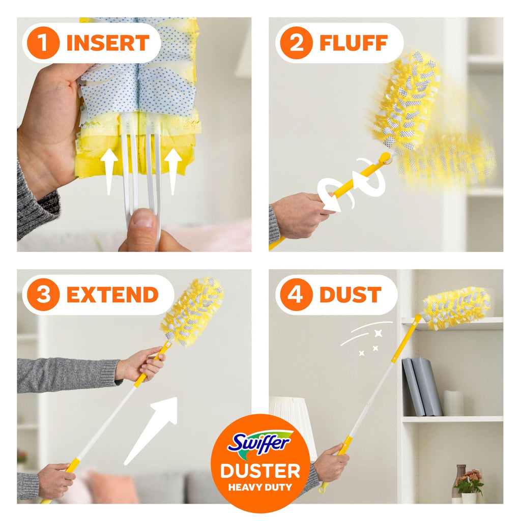 Swiffer Duster Kit with 3 ft Extendable Handle, Heavy Duty Dusting Starter Kit with 12 Refills, for Ceiling Fans, Vents and Hard to Reach Places