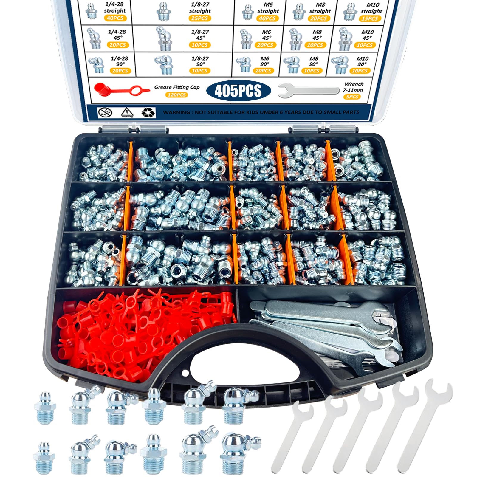 PAIGOIN Grease Fittings Kit, 405Pcs SAE & Metric Grease Fitting Assortment, NPT 1/4" 1/8" M6 M8 M10 Straight 45 90 Degree Grease Zerk Fittings with Caps and Wrench Kit(7-11Mm) for Grease Gun
