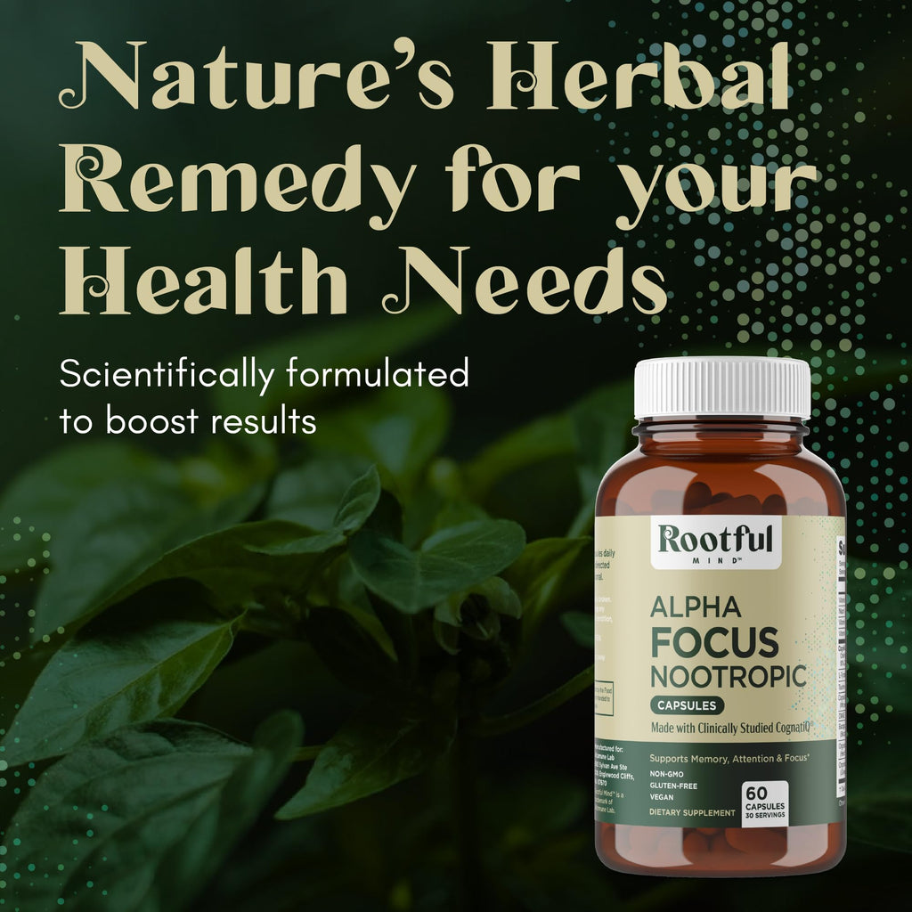 Rootful Mind Alpha Focus Nootropic - Memory and Focus Brain Booster Supplement with Choline, Citicoline, GPC, L-Tyrosine, Bacopa Monnieri, DMAE, Gingko Biloba, Lion's Mane, Niacinamide - 60 Capsules