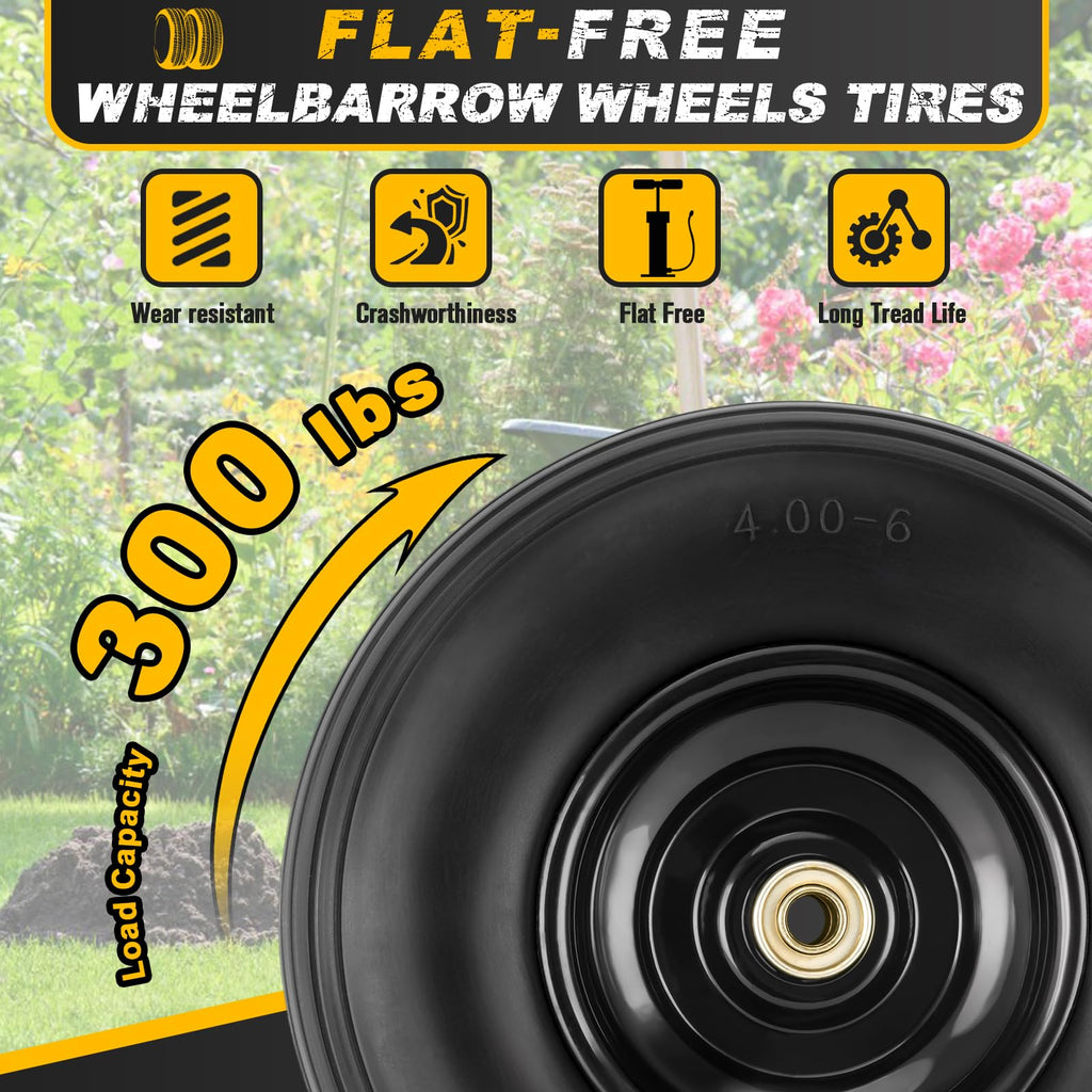 4.00-6 Flat-free Tire and Wheel, 13" Wheelbarrow Wheels and Tires with 5/8" or 3/4" Bearings 4.00-6 Solid Tires Replacement for Wheelbarrow, Gorilla Cart, Hand Trucks, Garden Carts(2 PCS)