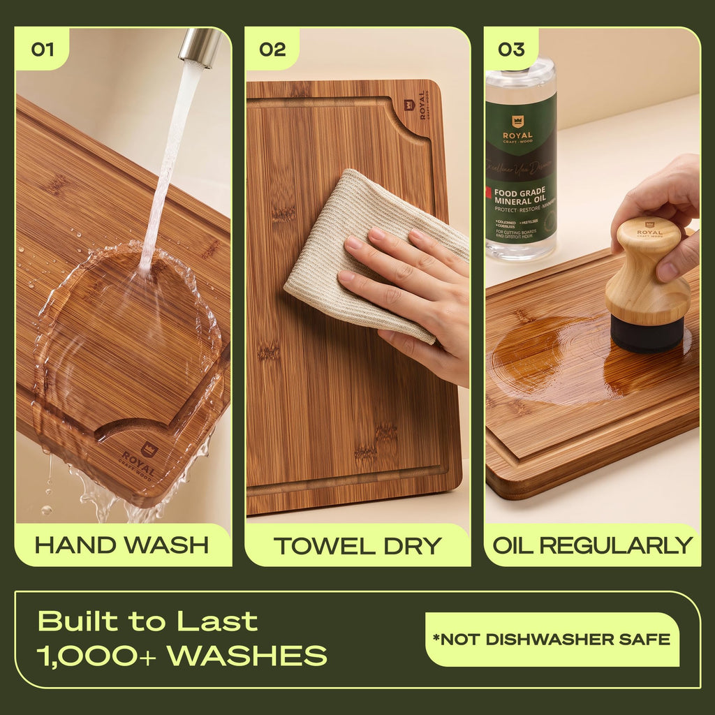 ROYAL CRAFT WOOD Wooden Cutting Boards for Kitchen Appliances - Non Toxic Bamboo Wood Cutting Board Set with Deep Juice Groove, Side Handles, Charcuterie & Butcher Block for Meat, Meal Prep & Serving