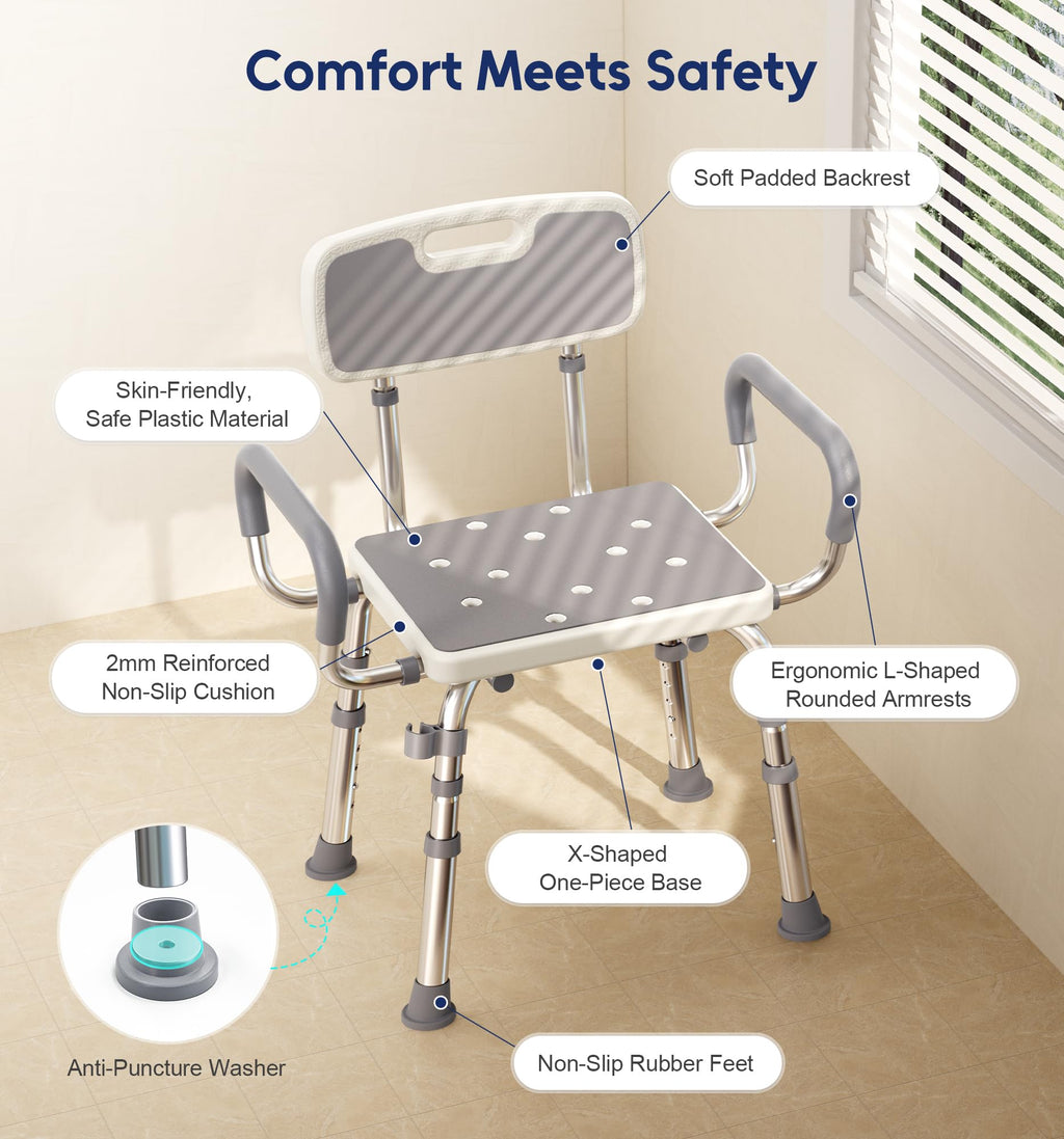 Bluelog Shower Chair for Inside Shower with Arms and Back, 500lbs Capacity Height Adjustable Shower Seat with Thickened Frame for Seniors, Elderly and Disabled
