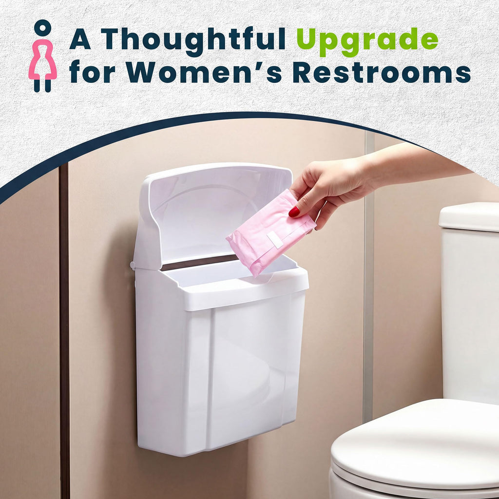 Alpine Sanitary Napkin Receptacle - Feminine Hygiene Disposal Container, Wall Mounted Trash Can with Odor Control Seal & Installation Hardware (White)