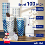 JOLLY CHEF 100 Pack 20 oz Disposable Coffee Cups, Hot Paper Coffee Cups with Lids, Sleeves and Stirrers for Home, Office, Cafe (Blue Leaf and Grey Leaf)