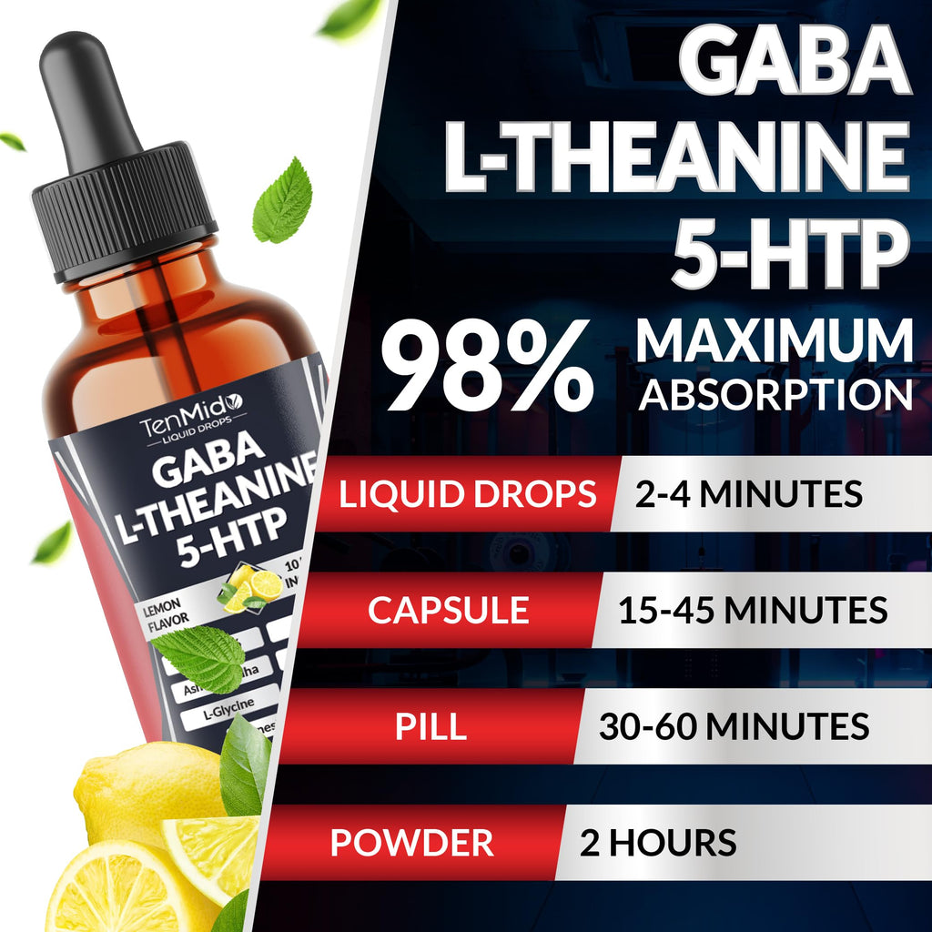 Tenmido 10in1 GABA L-Theanine Supplement Liquid Drops with 5-HTP, Ashwagandha, Magnesium Glycinate, Passion Flower, L-Glycine, Black Pepper and More - 30ml 1 Fl Oz