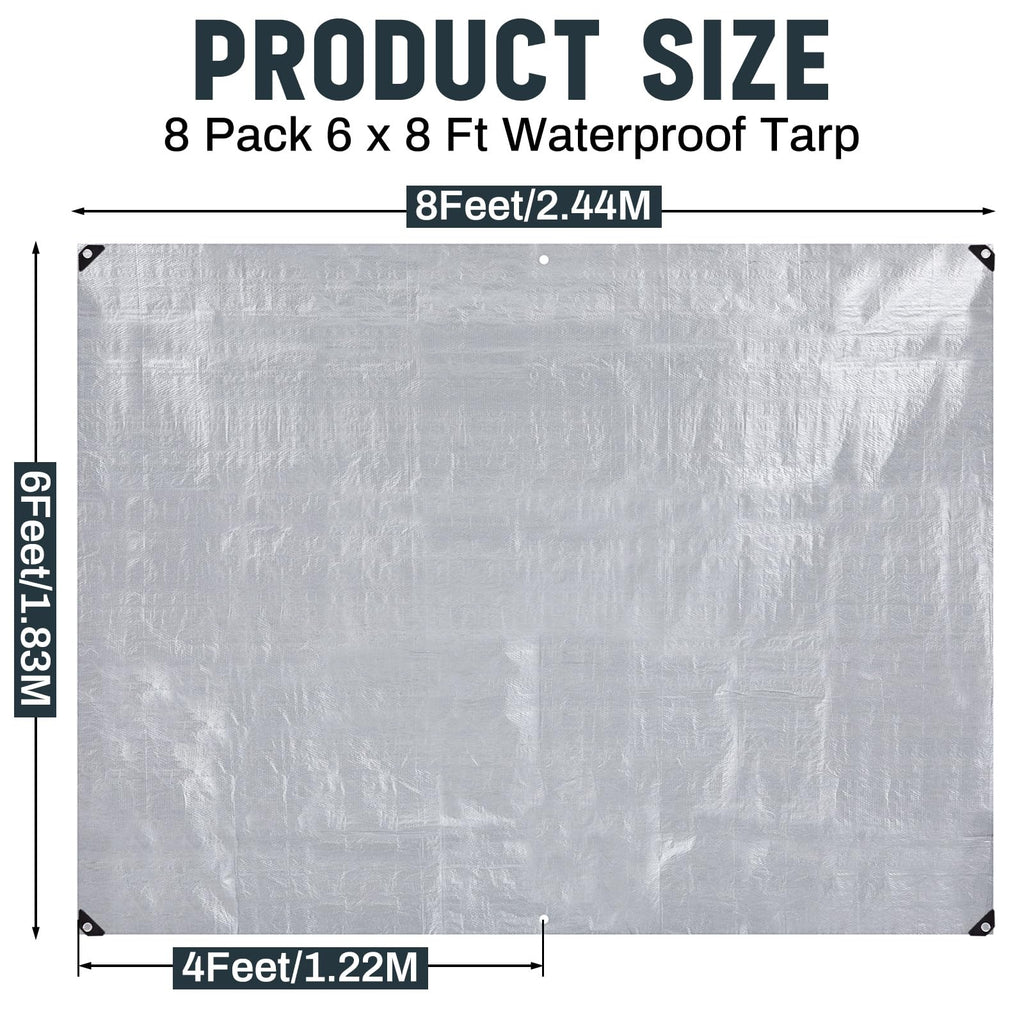 GliCraft 8 Pack Silver Tarps 6 x 8 ft, 5.5 Mil Waterproof Reflective Tarps, UV Resistant Sun Shade Tarp, Heavy Duty Roof Tarp for Roof Protection, Boat Cover, Rv Cover, Cars, Patio Furniture, Camping