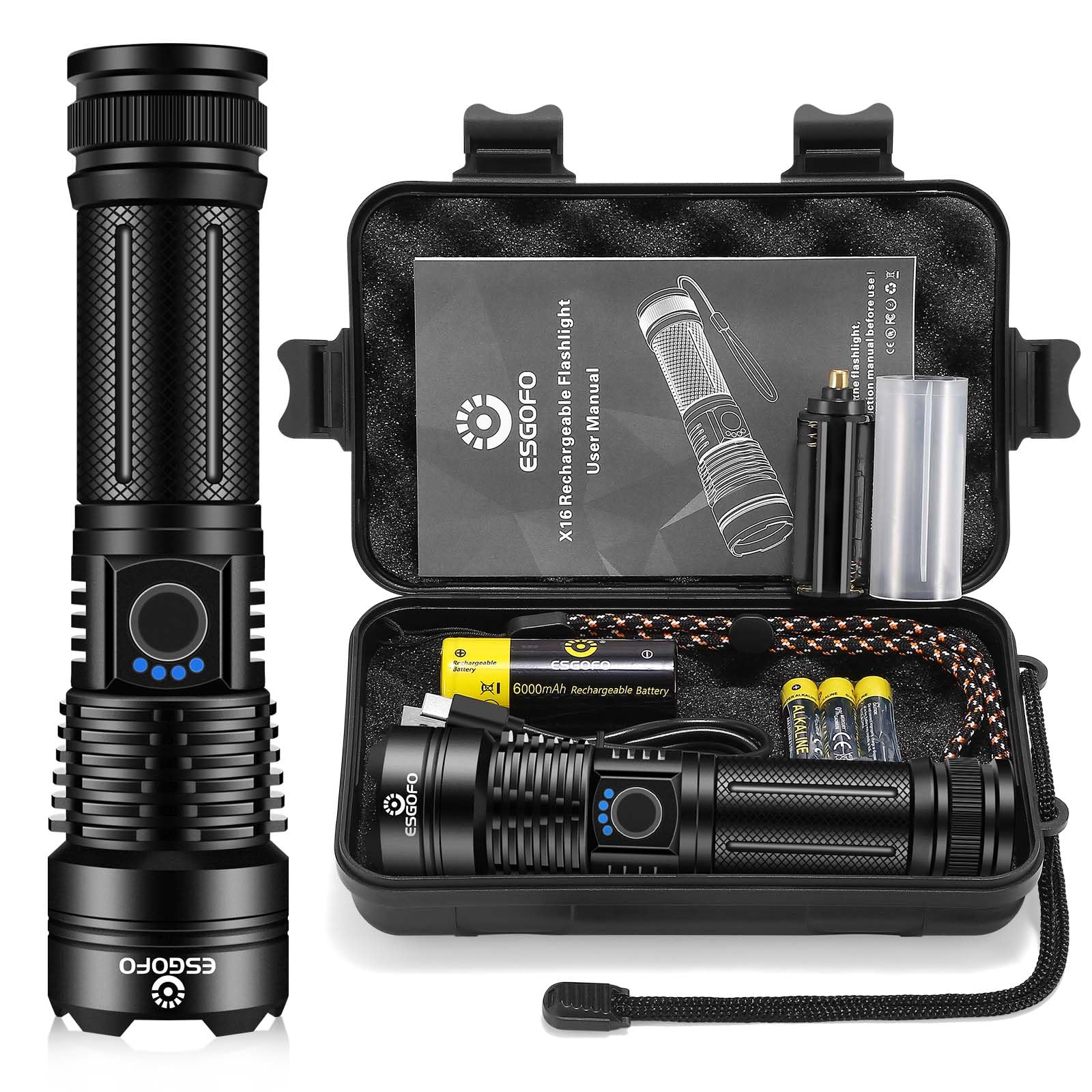 Esgofo Flashlights High Lumens 100000 Rechargeable, Super Bright Handheld LED Flash Light, Powerful Emergency Linternas, Waterproof, Long Lasting, for Hiking Camping Gift