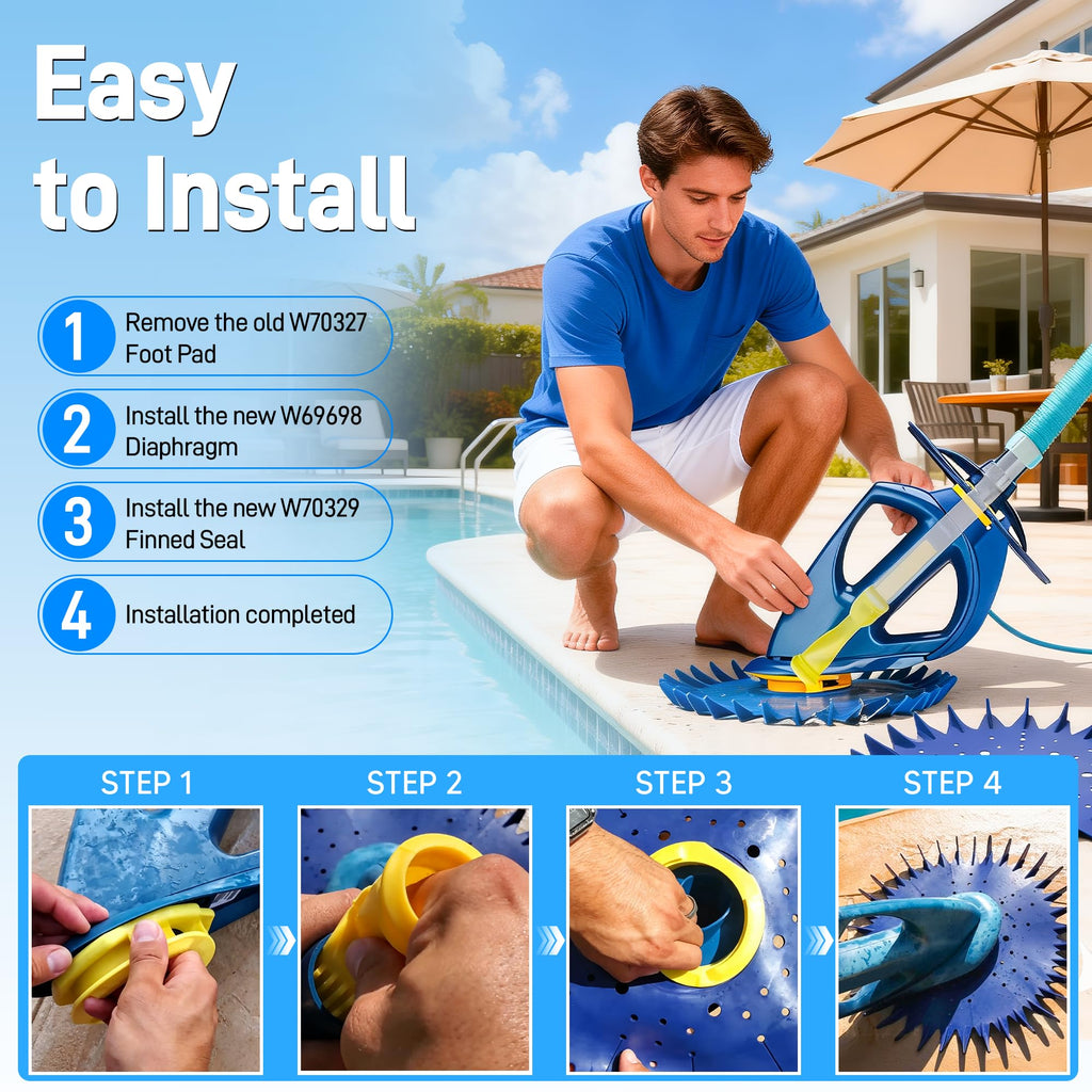 Funmit W70329 Finned Seal Disc Skirt & W69698 Pool Cleaner Diaphragm & W70327 Foot Pad Pool Cleaner Kit Replacement for Zo-diac Baracuda G2 G3 G4 Replace W69721 W72855