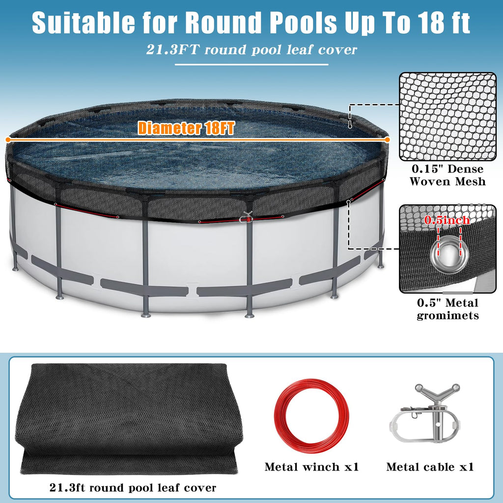 18 FT Pool Leaf Net Cover for Above Ground Pools, Ultra-Fine 0.15’’ Mesh Pool Cover with Winch & Cable, Pool Leaf Cover Prevents Leaves and Debris from Entering Pool