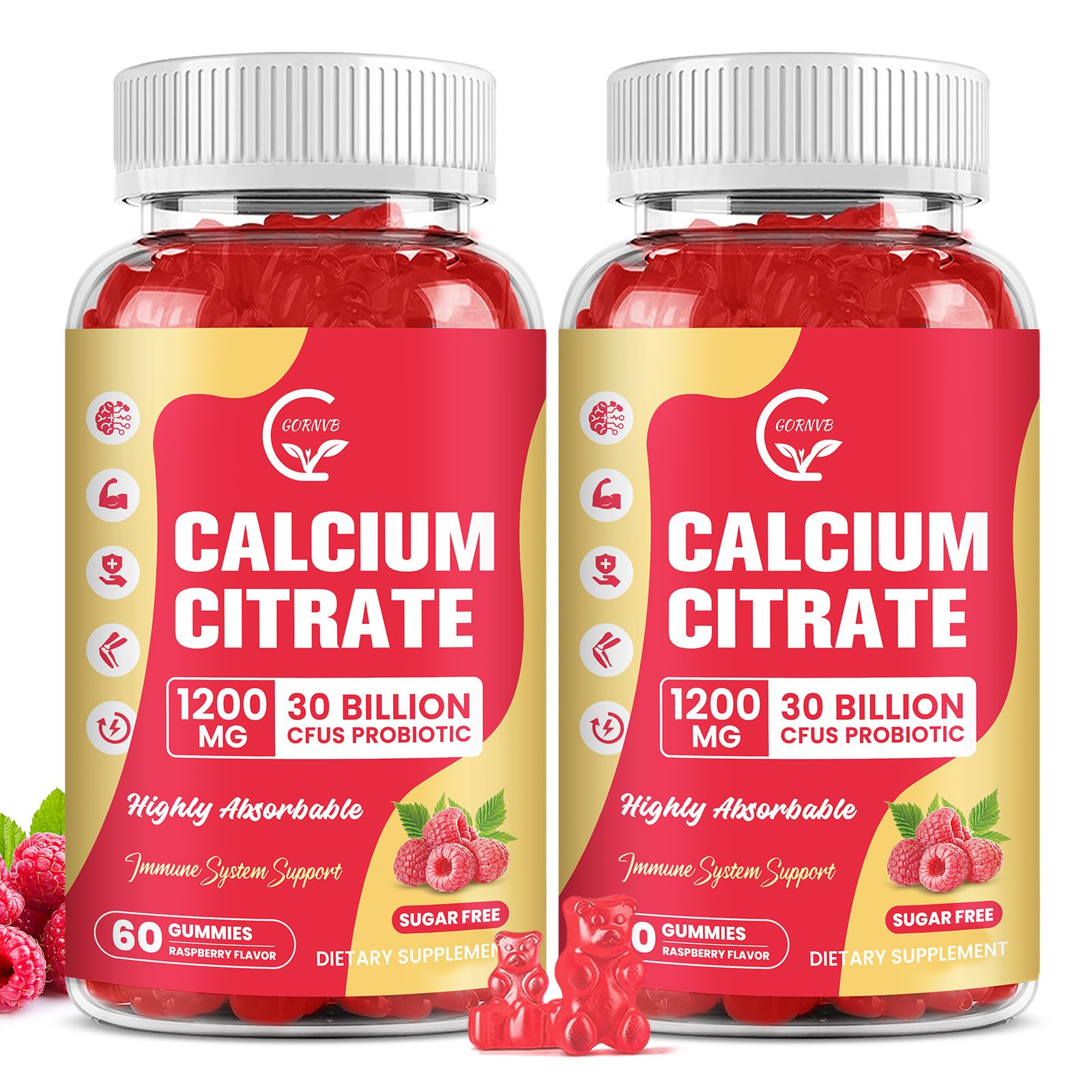 (2 Pack) Sugar Free Calcium Citrate Gummies 1200 mg with Vitamin d3, K2, Magnesium, Zinc for Bone, Muscle & Immune Support, High Absorption Calcium Supplement for Women, Raspberry Flavor, 60 Chews
