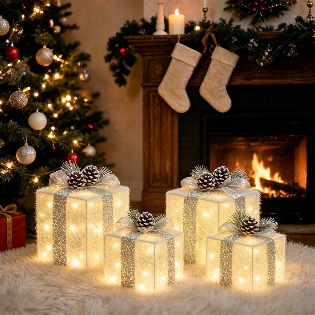 Set of 4 Christmas Lighted Gift Boxes, Battery Operated Xmas Decor