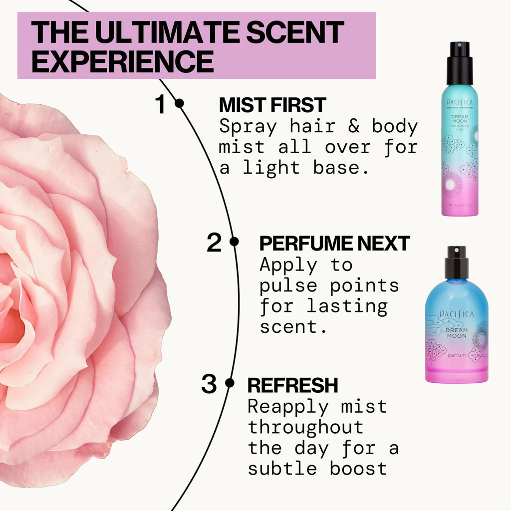 Pacifica Hair Perfume & Body Fragrance Spray Mist - Dream Moon with Bergamot, Pear, Pink Rose, Coconut, Vanilla, Sandalwood & Patchouli ��� Alcohol-Free, Vegan & Cruelty-Free, 5 oz (1 Count)