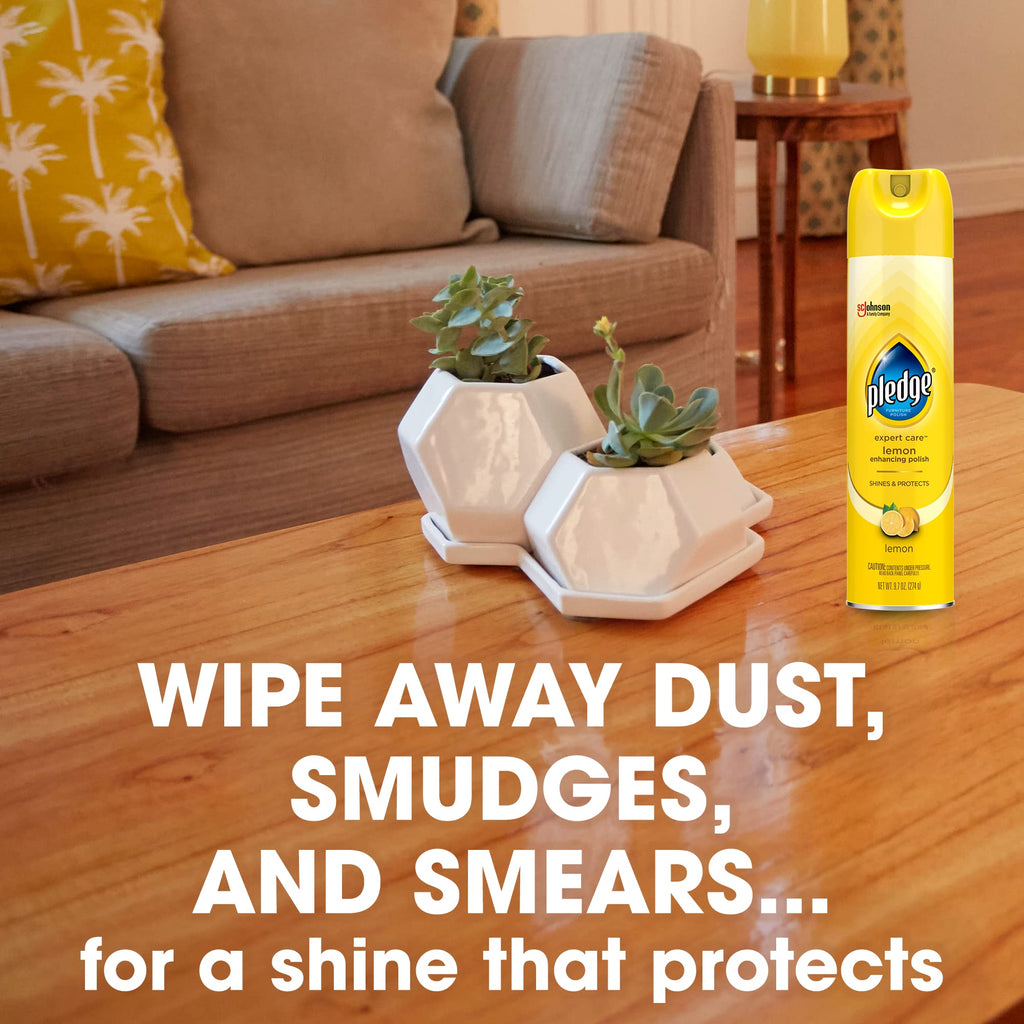 Pledge Enhancing Polish Spray, Wood Furniture & Stainless Steel Polish, Remove Dust and Fingerprints, Fast Shine and Protect, Prevent Scratches & Knicks - Lemon Scent, 9.7oz, Pack of 6
