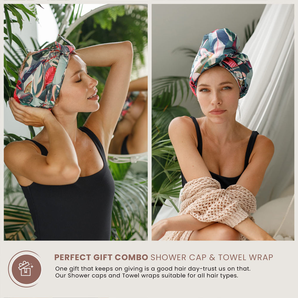 Reusable Shower Cap for Women Reusable Waterproof – Leakproof, Nonslip Hair Cap for Shower Flexiband – Soft, Breathable, Durable Christmas Shower Caps by SMPL OBJECTS (Tropical)