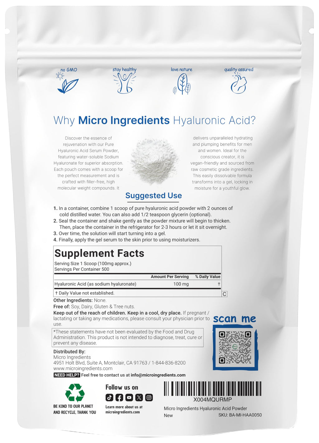 Micro Ingredients Hyaluronic Acid Serum Powder, 50 Grams | Low Molecular Weight, Cosmetics Grade | Skin Hydration and Moisture Support Supplements | Vegan, Water Soluble (Within 2 Hours)