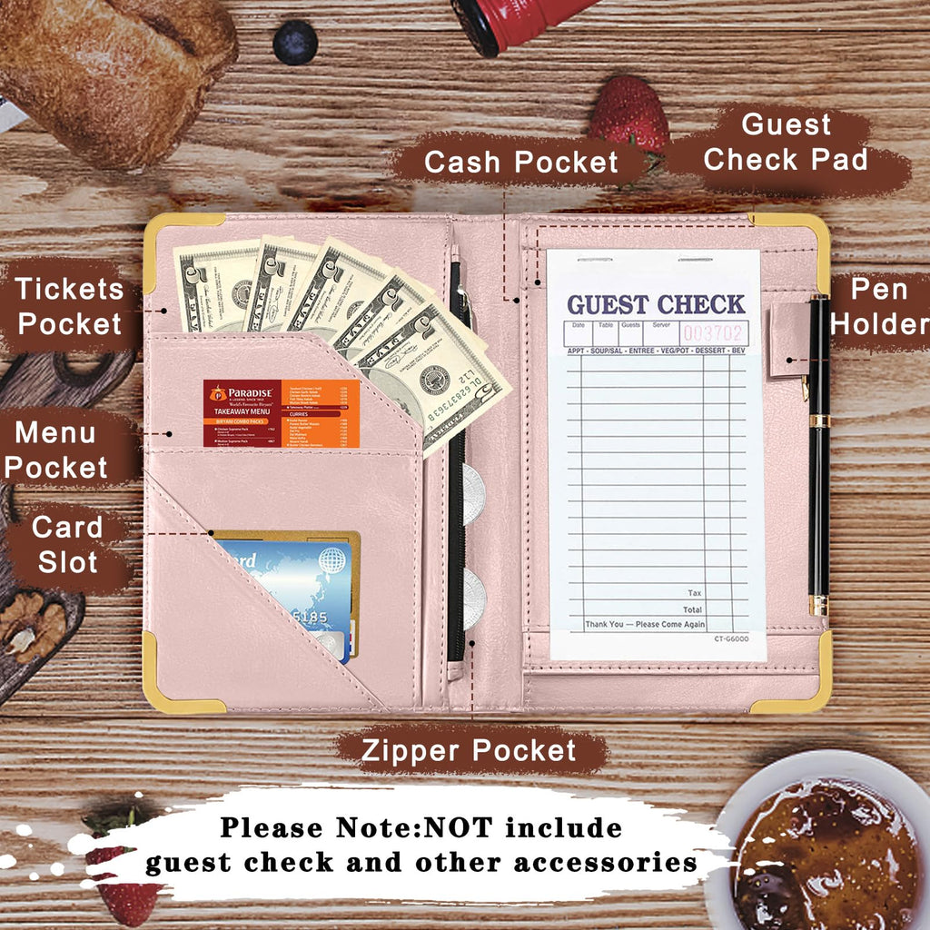 YeeCASE Server Book, Alphabet Waitress Book for Waitress, Leather Waitess Book with Zipper Pocket, Server Manual Checkbook Fits Server Apron (V)