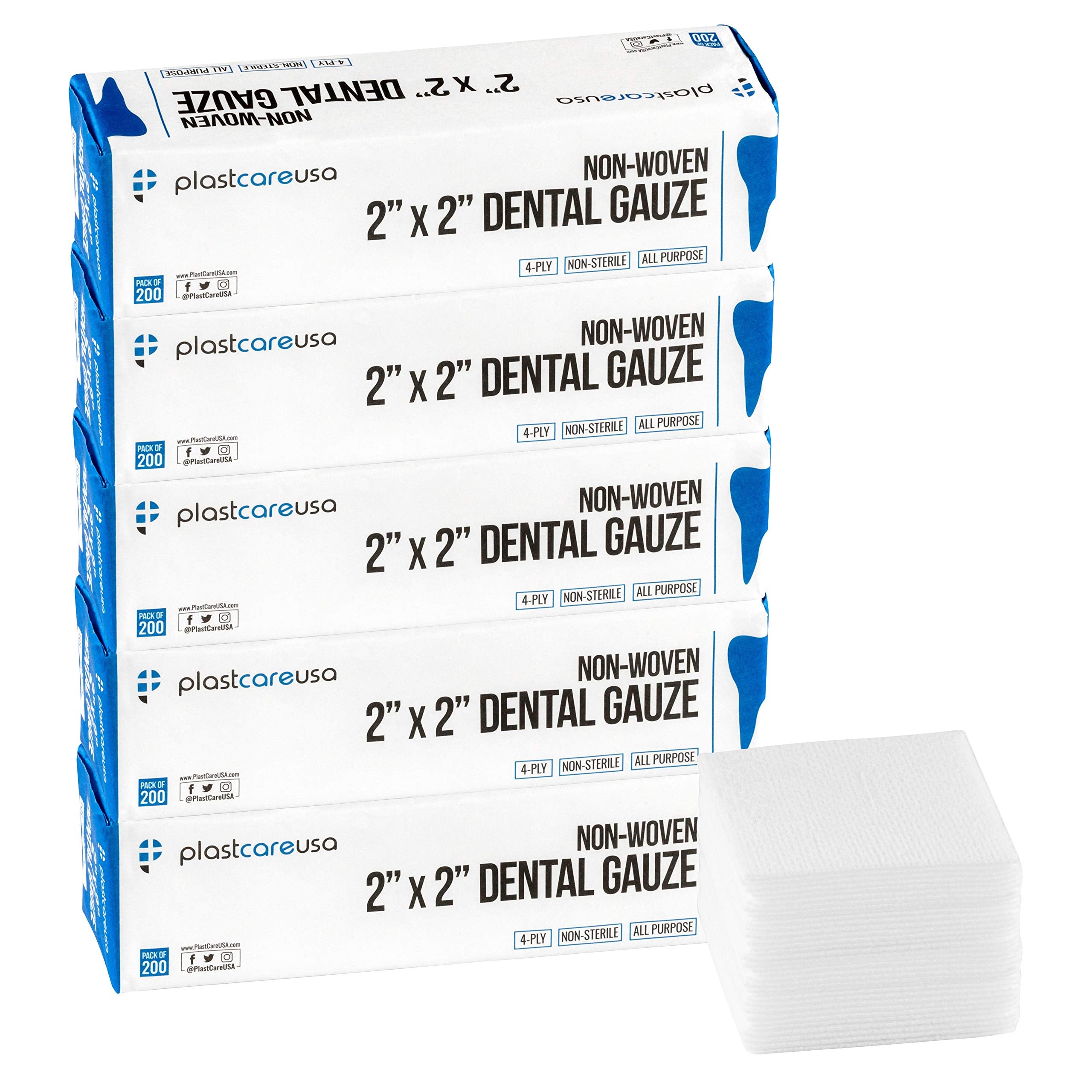 1000 Count 2x2 Gauze Pads - Soft 4-Ply Non Woven Sponges - Non Sterile Dental & Esthetic Wipes - All Purpose Medical Gauze Squares for First Aid, Surgical, Wound Dressing (5 Packs of 200)