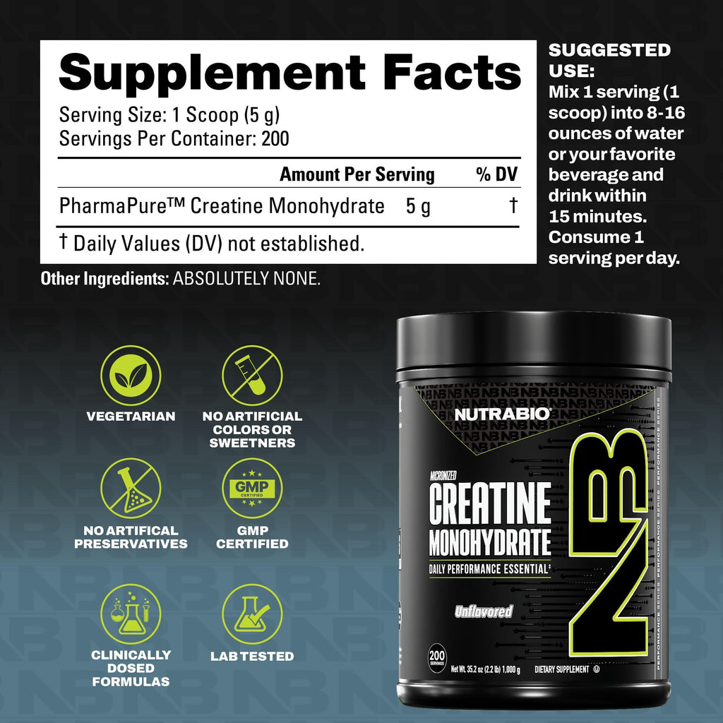 NutraBio Pure Micronized Creatine Monohydrate Powder Supplement, Unflavored, (1000 g) - Supports Bulk Muscle Energy, Recovery, and Strength - HPLC Tested Creatine Powder Supplement for Men and Women