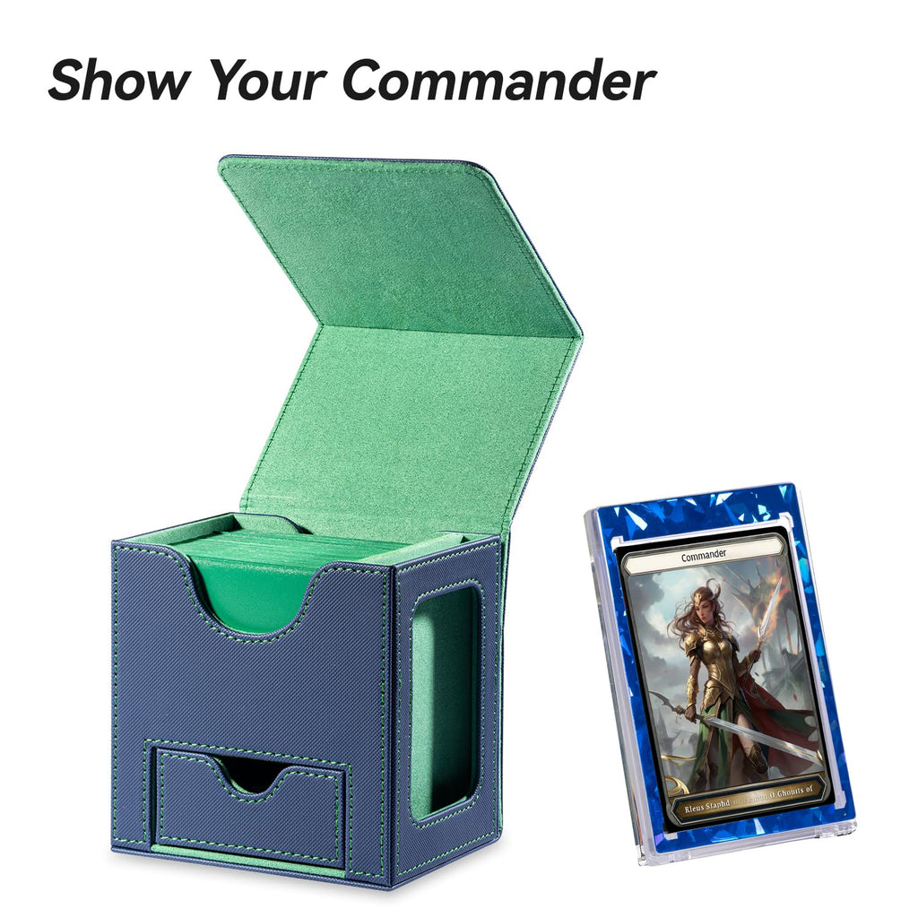 Mage Tech Card Deck Box for MTG Commander - Patented Design, Commander Display, Fits 100 Double-Sleeved Cards, 35pt Card Brick & Dice Tray - Blue/Green