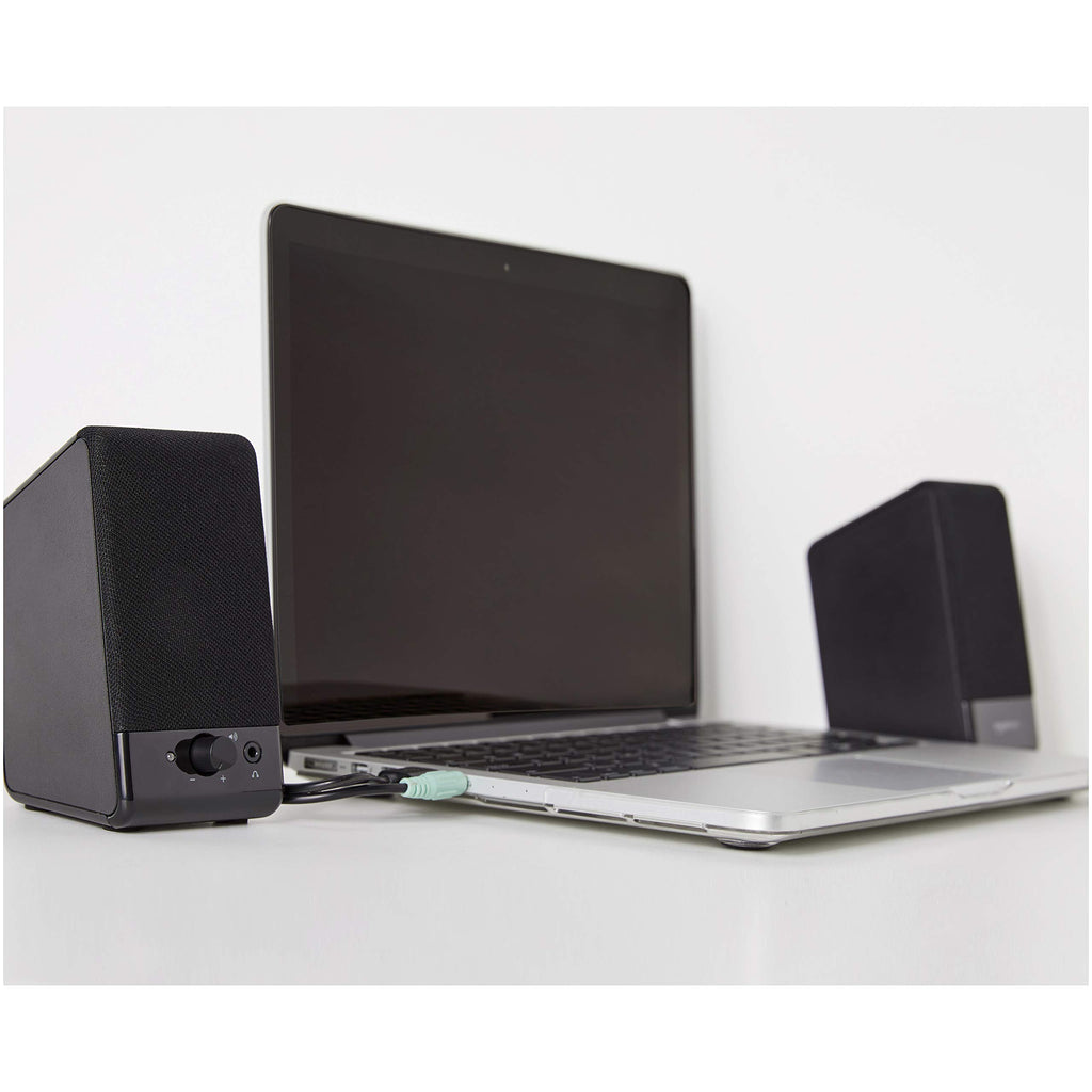 Amazon Basics USB-Powered Computer Speakers with Volume Control for Desktop or Laptop PC, Compact Size, Headphone Jack, Portable, Plug-N-Play, Black
