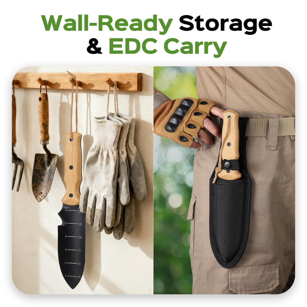 Garden Tools Trowel with EDC Sheath, Gifts for Men Women Mom Dad, Gardening Tools with 7" Stainless Steel Blade, Dual-Scale Measurement, Hanging Hole, Gardening Hand Tools for Weeding Digging Planting