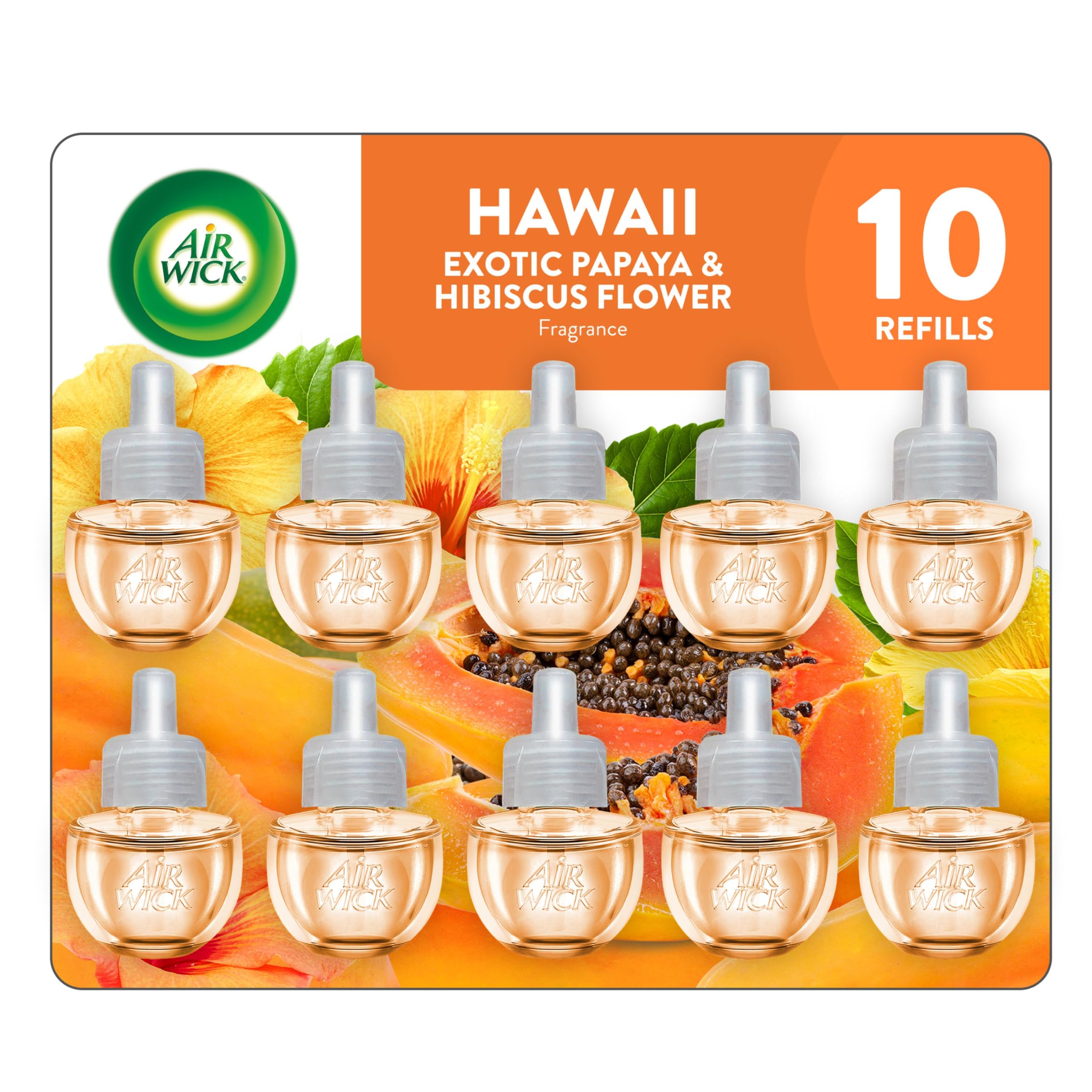 Air Wick Plug-In Scented Oil Refills, 10 Count, Hawaii Exotic Papaya and Hibiscus Flower, Air Freshener, Essential Oils, Eco Friendly