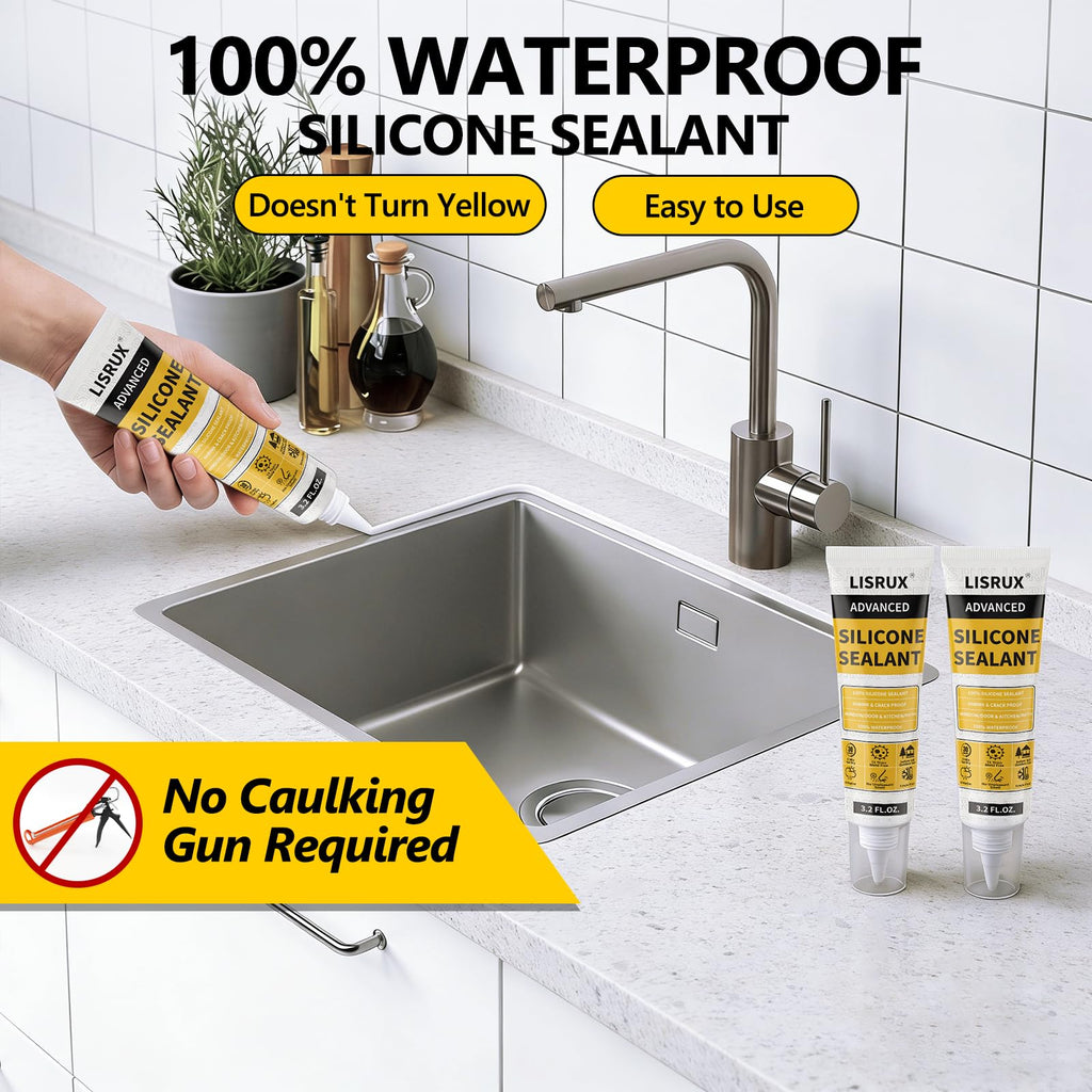 LISRUX Advanced White Silicone Caulk for Kitchen & Bathroom - 6 Pack (3.2 Fl Oz Each) | 100% Waterproof Silicone Sealant | Super Strong Adhesion, Shrink & Crack Proof