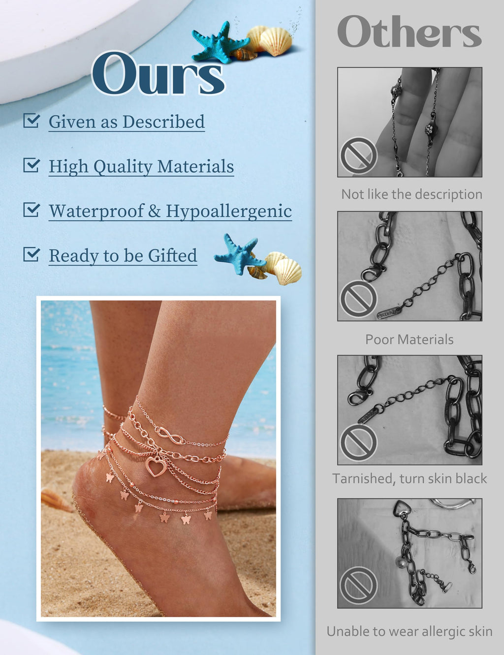 ORAZIO Toe Rings Ankle Bracelets for Women Rose Gold Adjustable Anklet