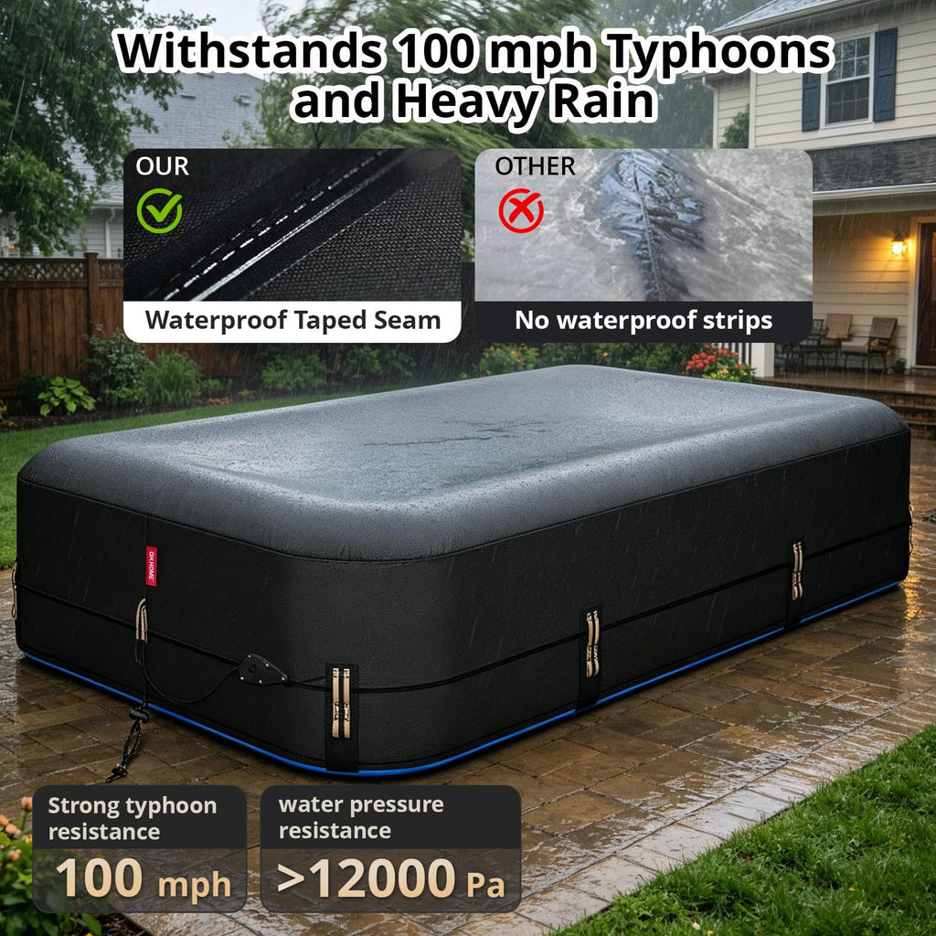 QH.HOME 90"x60" Rectangular Pool Cover for Inflatable Pool,Black Oxford Fabric Heats Water, Blocks Leaves & Sun, Windproof Snug Fit with Patented Ratchet & Weight Rings