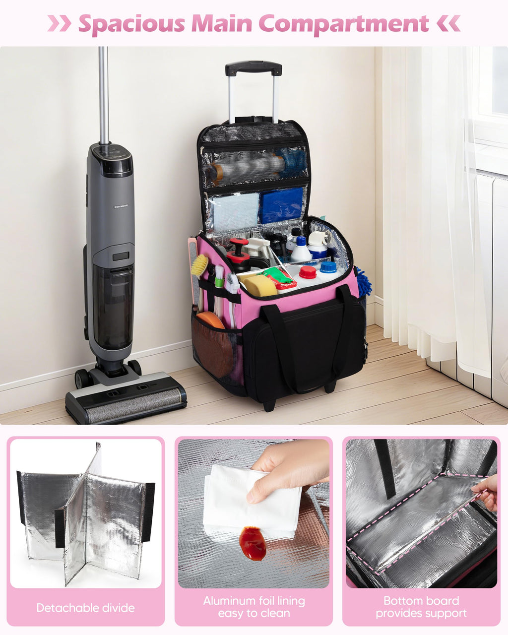 Marscamd Large Rolling Cleaning Caddy Bag with Detachable Trolley, Pink