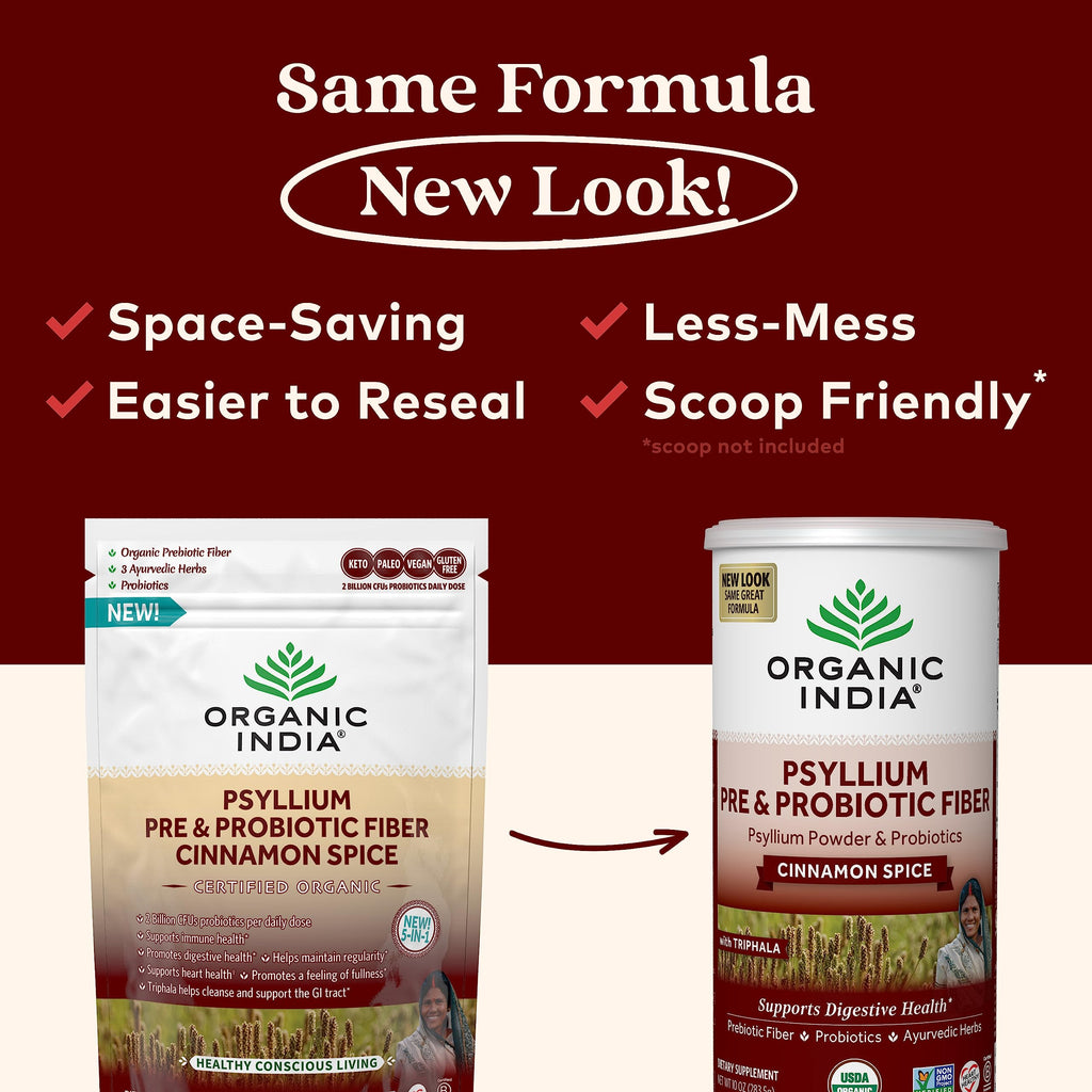 ORGANIC INDIA Psyllium Husk Powder - Pre & Probiotic Fiber Supplement, Organic Psyllium Husk Fiber Supplement with Whole Psyllium Husk, USDA Certified Organic, Vegan, Gluten Free - Cinnamon, 10 Oz