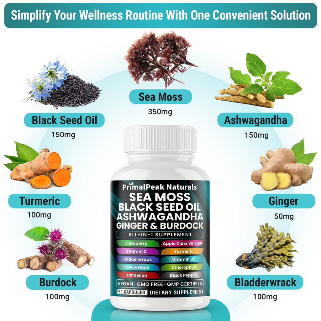 PrimalPeak Naturals Sea Moss Black Seed Oil Ashwagandha Ginger Burdock Bladderwrack Turmeric & Vitamin C Vitamin D3 with ACV Elderberry Chlorophyll Dandelion Yellow Dock Vegan Capsules - 120 Count