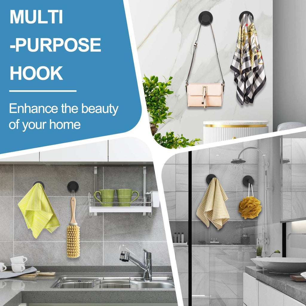 Hviiso Vacuum Suction Cup Hooks for Shower, Shower Hooks for Inside Shower Glass Window, Mirror, No Drill Towel Hooks for Bathrooms, Bath Robe Coat Looafh Wreath Hook for Hanging - 4 Pack, Black