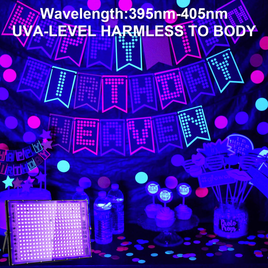 2 Pack 300W Black Lights, Blacklight Flood Light with Plug and Switch,for Glow Party, Black Light Party, Halloween, Body Paint, Neon Glow, Fluorescent Poster, Stage Lighting