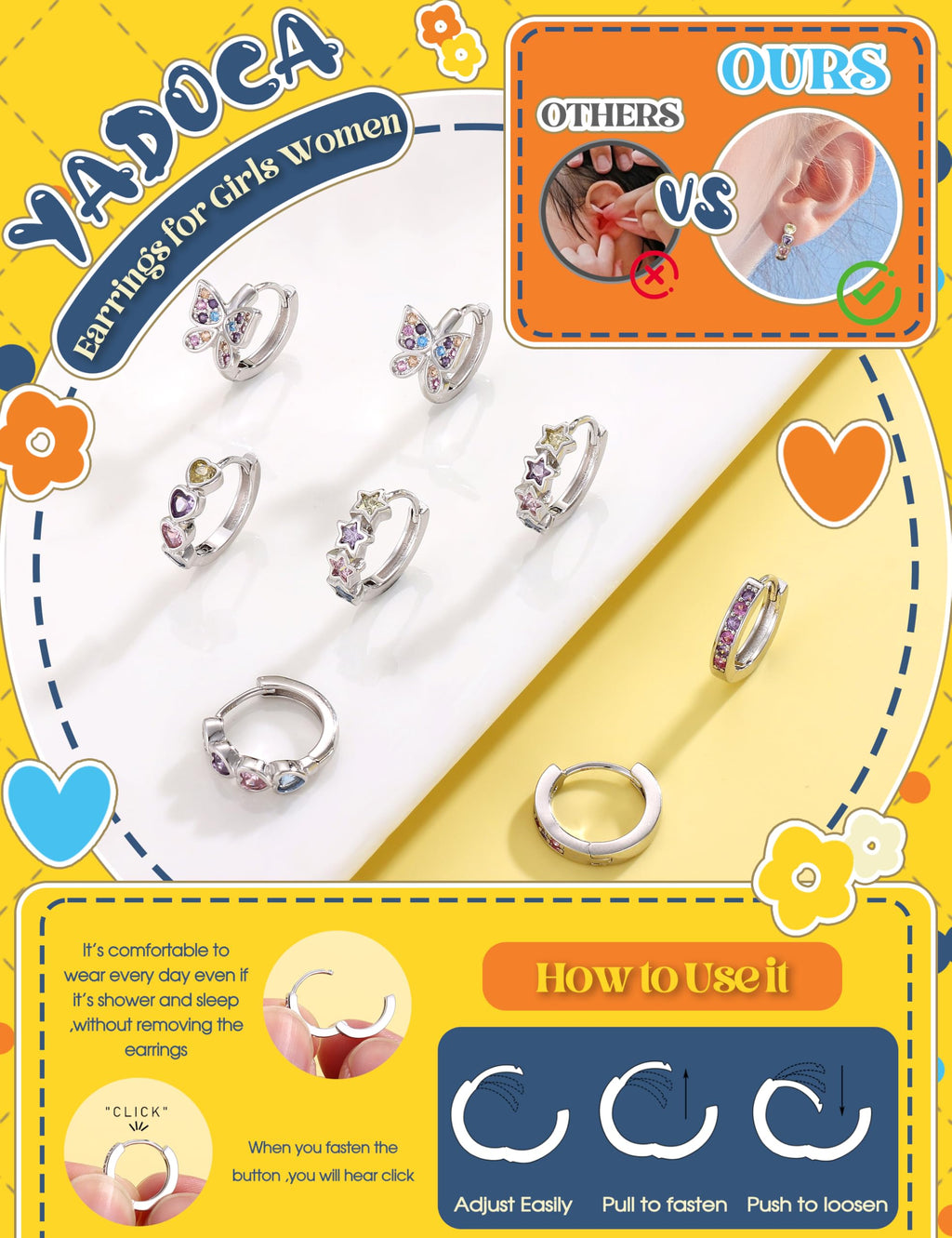 925 Sterling Silver Post Small Hoop Earrings For Girls - Hypoallergenic Huggie Earrings for Women Cute Heart Flowers Butterfly Star Cubic Zirconia Cartilage Earrings For Sensitive Ears Colorful 4Pairs