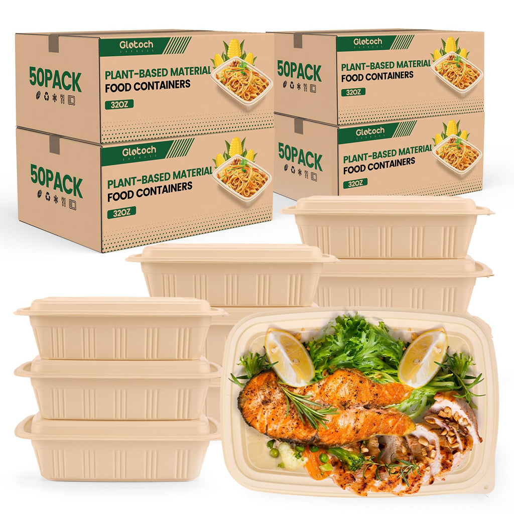 Glotoch Express 32 oz-200 Pack Meal Prep Containers with Lids,Resuable Cornstarch Material Salad Containers, Plant-based Lunch Boxes, Plastic Take Out Bowls for Restaurant