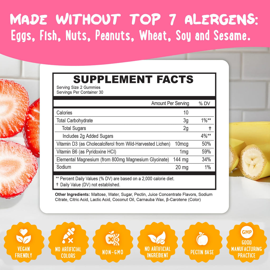 Center-Filled Magnesium Glycinate Gummies 400MG - High Absorption for Kids, Teens & Adults - Supplement for Sleep, Calm & Muscle Relaxation with B6 & D3 - Gluten Free & Vegan Friendly - 60 Count