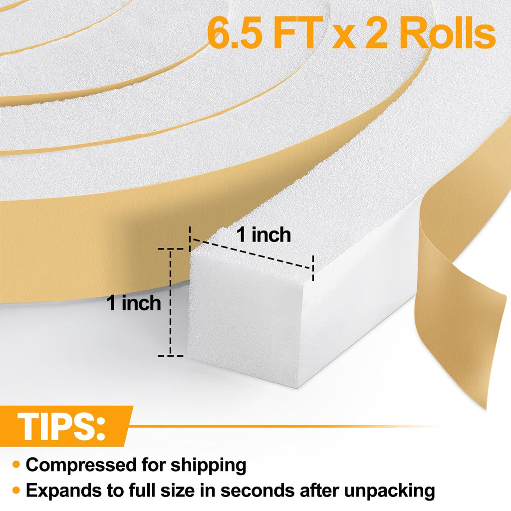 High Density Foam Tape Air Conditioner Window Seal, 1x1 Inch Thick Foam Stripe with Adhesive for Window AC Insulation, Weather Stripping for Doors and Windows Insulation, AC Foam Tape, White