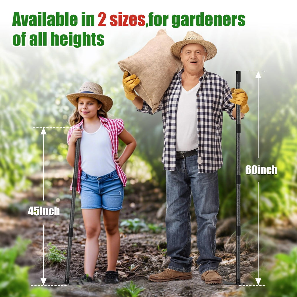 Garden Hoe with 3-Tine Cultivator Rake, 2-In-1 Carbon Steel Sharp Weeding Tool with 60 " Long Handle For Weed Removal, Soil Loosening, Planting,Cultivating In Raised Flower Beds,Vegetable Gardens