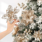 N&T NIETING 24 Pcs Christmas Poinsettia Artificial Flowers & Glitter Berries Stems Kit Christmas Floral Picks Christmas Tree Garland Wreath Filler Ornaments for Home Party Xmas Decor, Champagne Gold