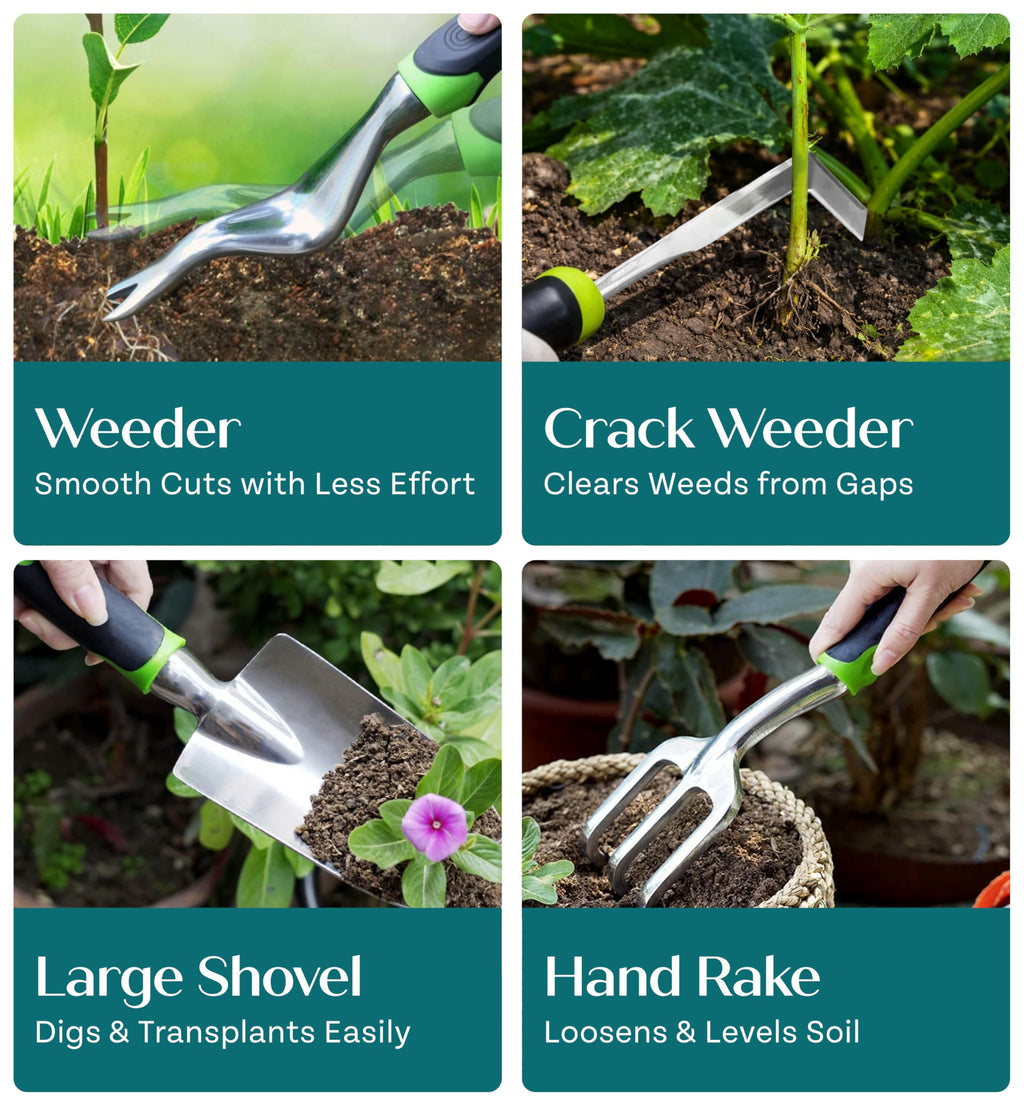 Heavy Duty Gardening Tools - Gardening Gifts for Women, Men, Mom, Dad - Durable, Ergonomic Garden Tools Set (Green)