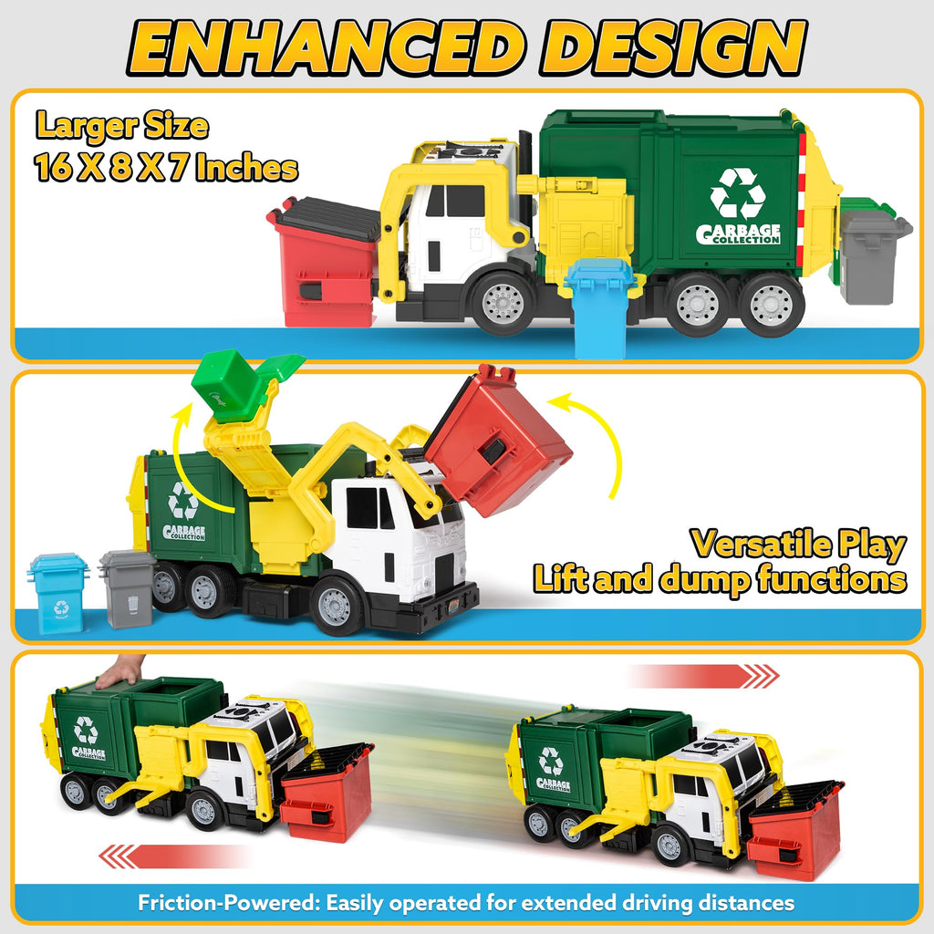 JOYIN Garbage Truck Toys, Toys for 3 4 5 6 7 8+Years Old Boys, Bin Lorry Toy, Realistic Big Garbage Truck with Lights and Sounds,Front Load Dumpster,Trash Bins with Trash Cards,Birthday Gifts for Boys